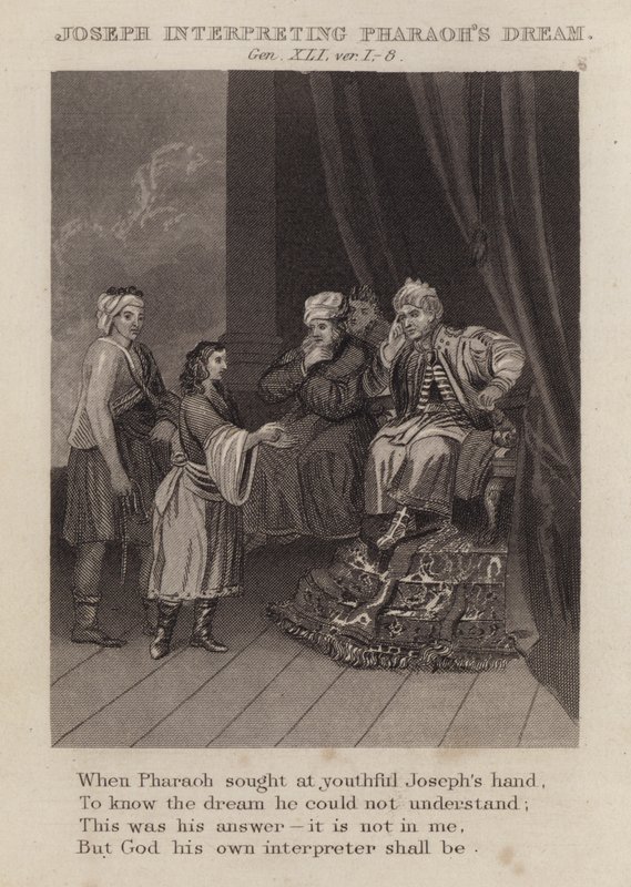 Josef fortolker Faraos drøm, Genesis XLI, ver 1-8 (gravering) af English School