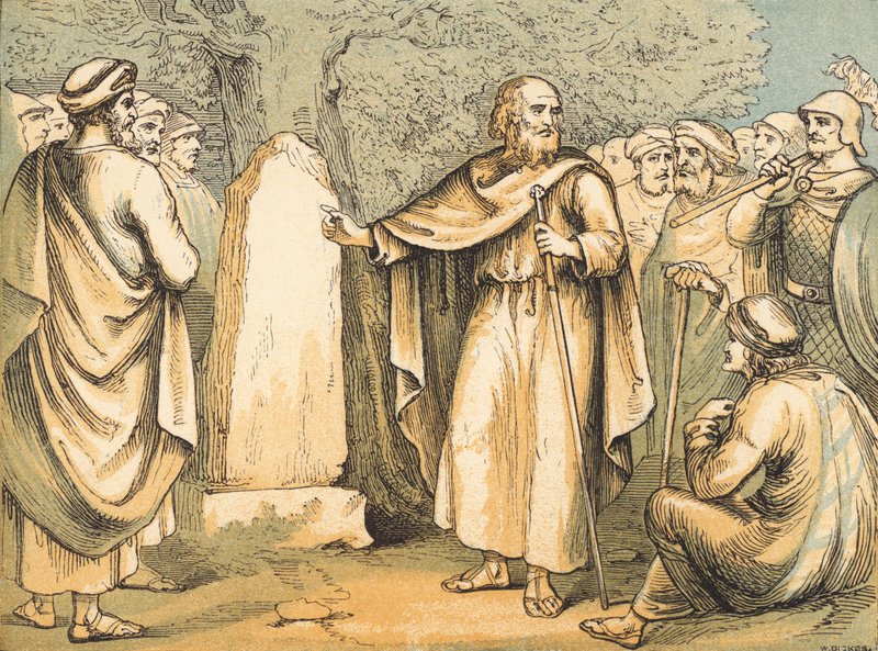 Joshuas afskedstale til israelitterne (farvet indgravering) af English School