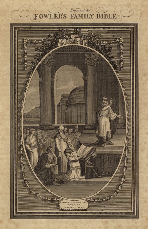 Josias fornyer pagten, 2 Konger, kapitel 22, vers 3 (gravering) af English School