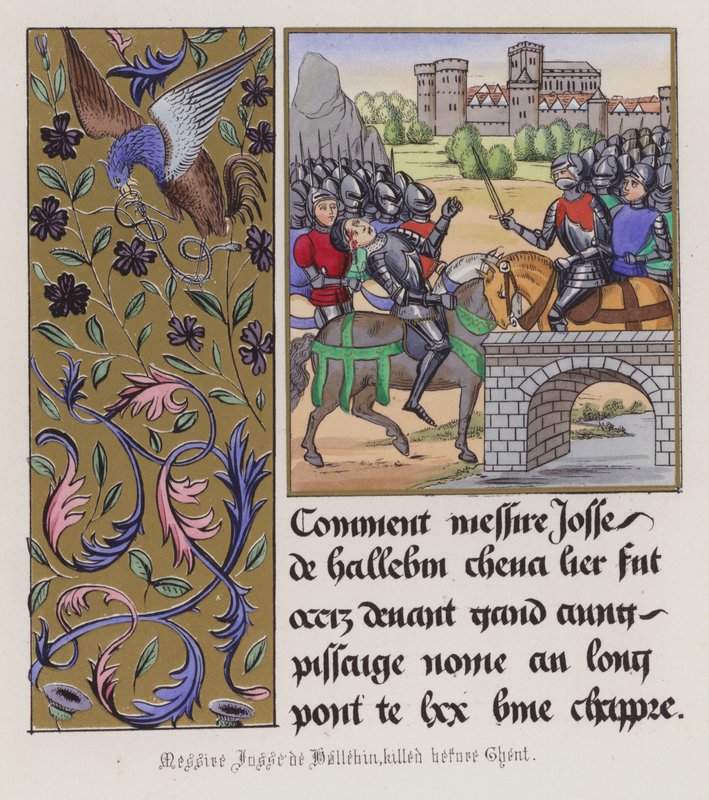 Josse de Haluin dræbt før Gent (farvet gravering) af English School