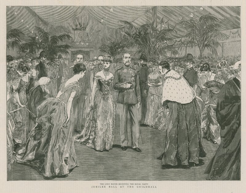 Jubilæumsbal i Guildhall, London; Overborgmesteren modtager det kongelige parti af English School