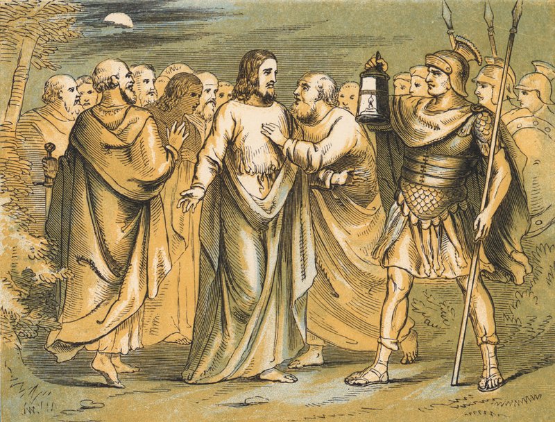 Judas forråder Jesus (farvet indgravering) af English School