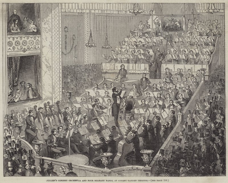 Julliens Koncertorkester og fire militære bands i Covent Garden Theatre (gravering) af English School