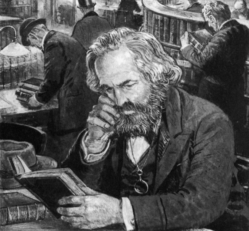 Karl Marx studerer og skriver på læsesalen på British Museum af English School