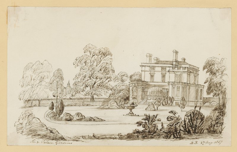 Kensington Palace Gardens; dateret 27. august 1857 (blæk på papir) af English School