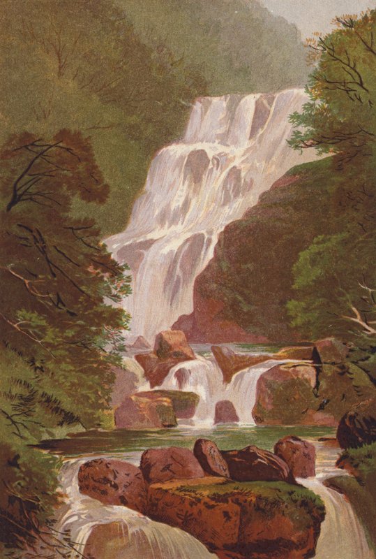 Killarney Lakes, Torc Waterfall (farve litho) af English School