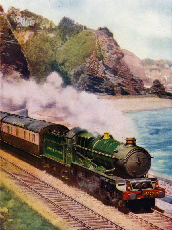 King Charles II, Great Western Railway (GWR) King klasse 4-6-0 damplokomotiv, der trækker den Cornish Riviera Express langs kysten mellem Dawlish og Teignmouth, Devon (farve litho) af English School
