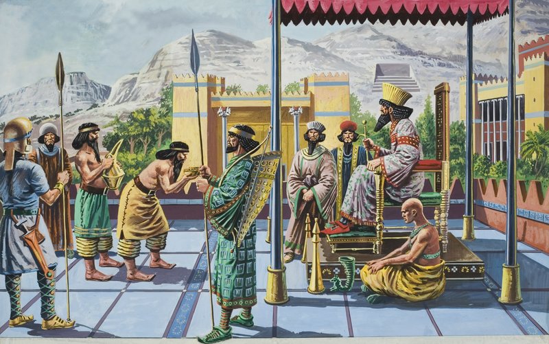 Kong Darius I (ca. 550-486 f.Kr.) modtager gaver i et af sine paladser (gouache på papir) af English School