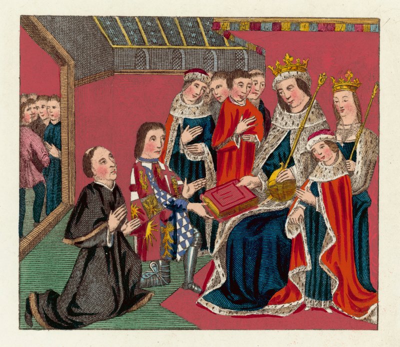 Kong Edward IV, hans dronning og søn (farvet gravering) af English School
