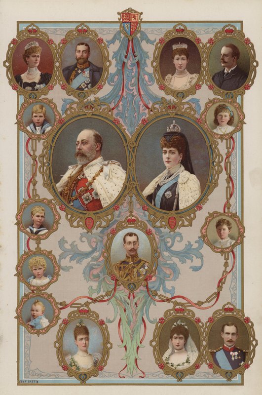 Kong Edward VII, dronning Alexandra og deres børn og børnebørn (farve litho) af English School