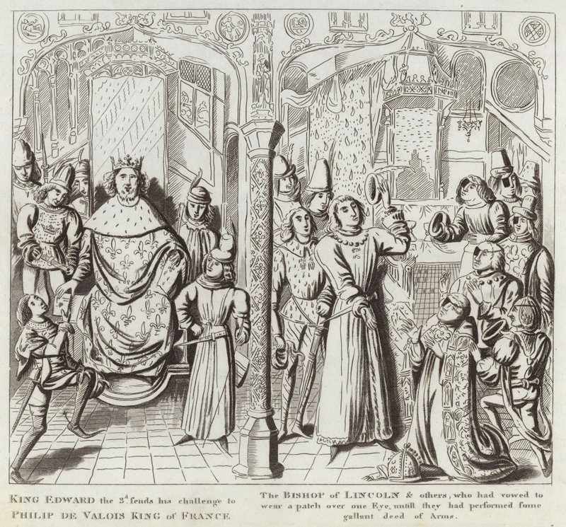King Edward the 3rd sends his Challenge to Philip de Valois King of France, the Bishop of Lincoln & others, who had vowed to wear a Patch over one Eye, untill they had performed some Gallunt Deed of A af English School