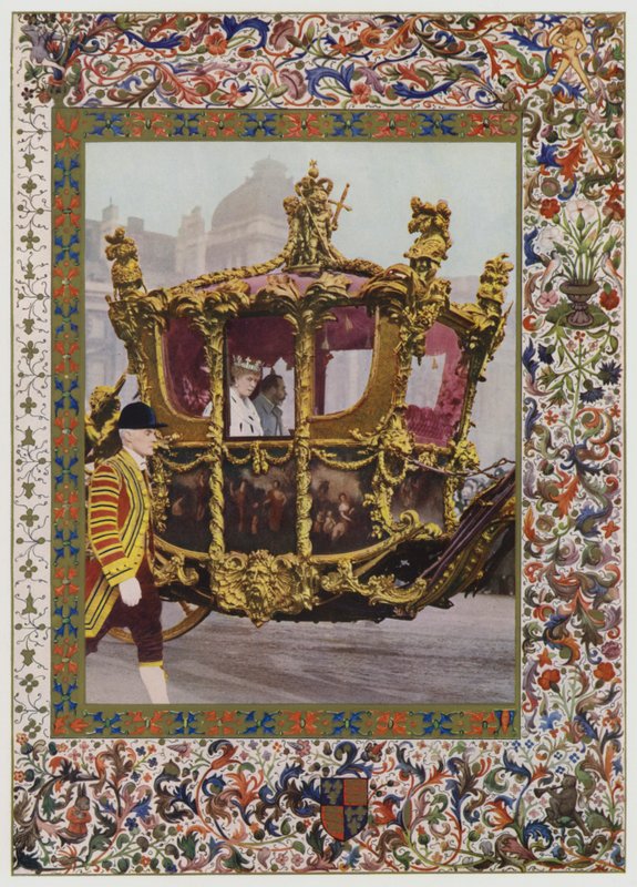 Kong George V og Queen Mary kører i statsvognen (farve litho) af English School