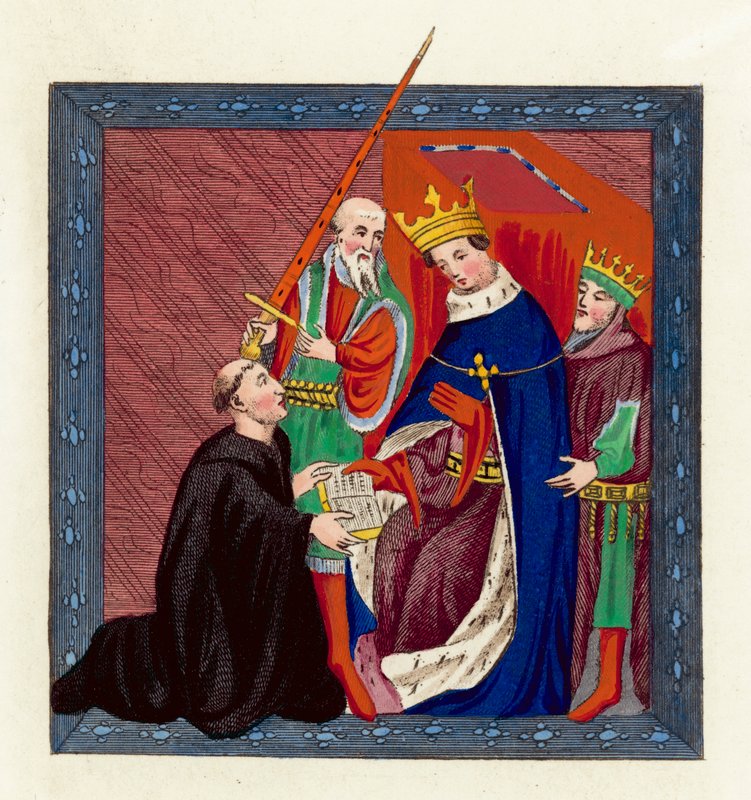 Kong Henry VI og John Lydgate (farvet gravering) af English School
