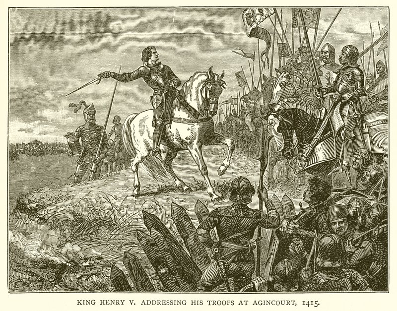 Kong Henrik V taler til sine tropper ved Agincourt, 1415 af English School