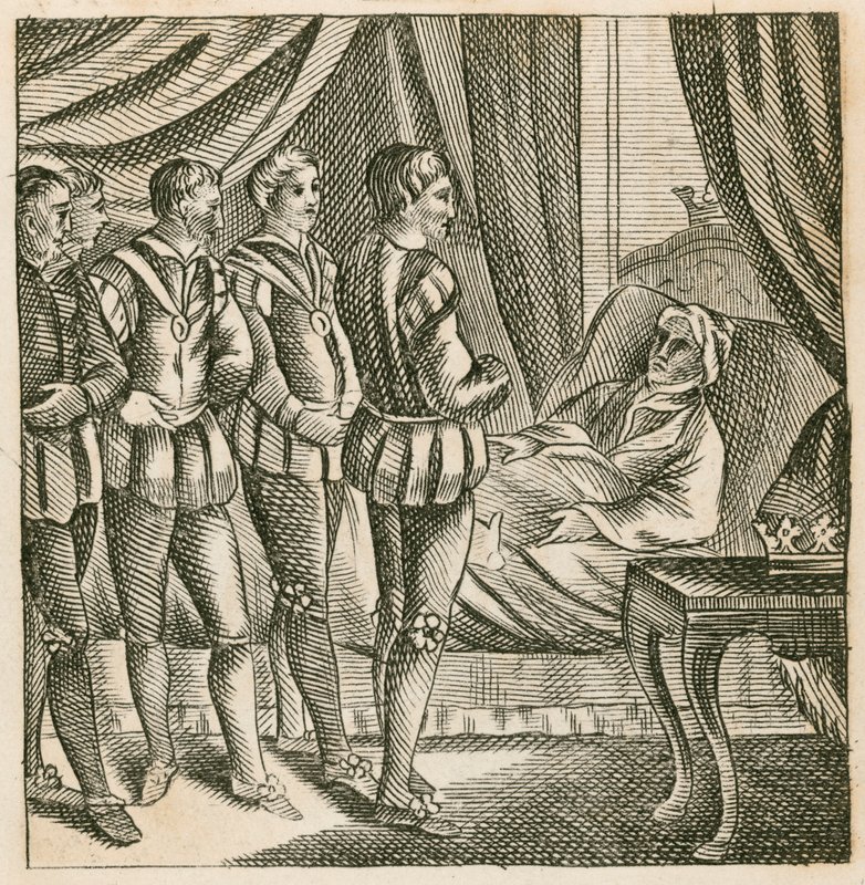 Kong Henry V leverer sin sidste vilje til hertugen af Bedford af English School