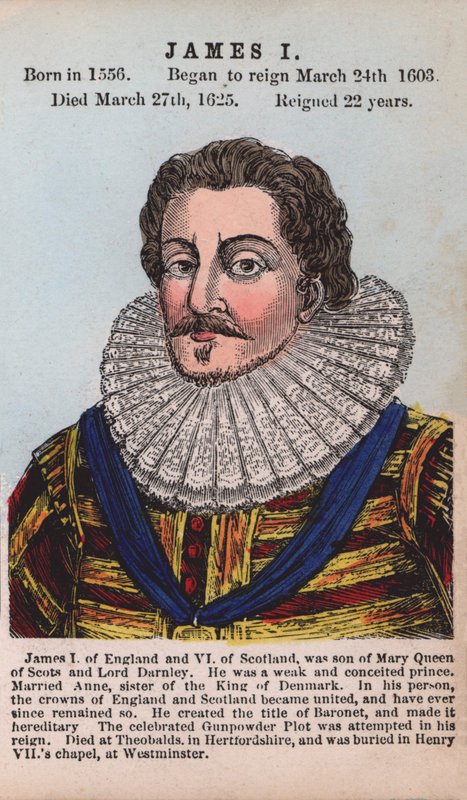 King James I (farvet gravering) af English School