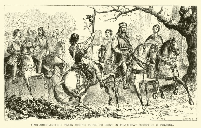 Kong John og hans tog kører ud for at jage i Middlesex Great Forest af English School