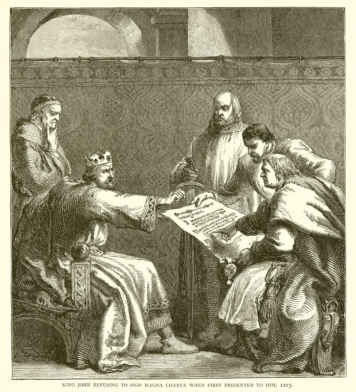 Kong John nægtede at tegne Magna Charta, da han først blev præsenteret for ham, 1215 af English School