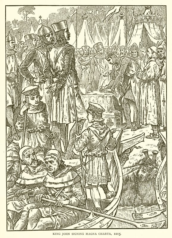 Kong John underskriver Magna Charta, 1215 af English School