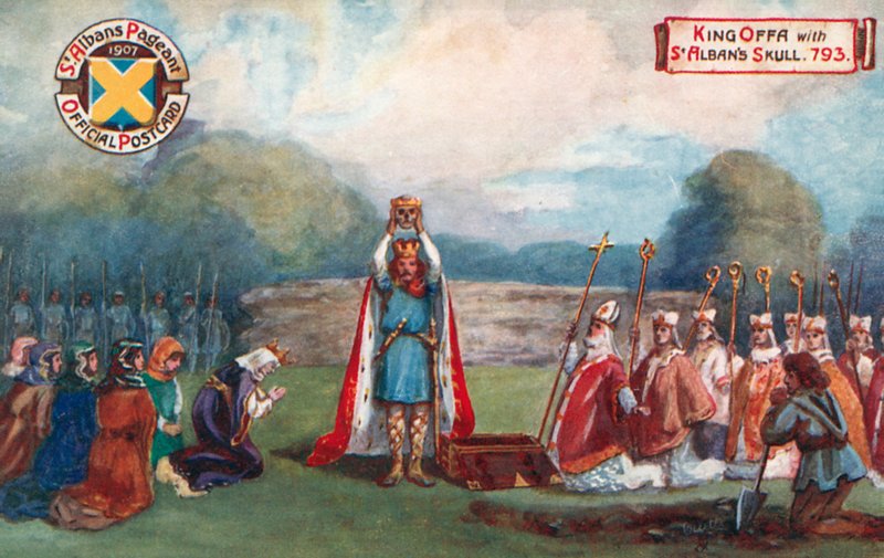 Kong Offa med St Albans kranium, 793; St Albans Pageant af English School