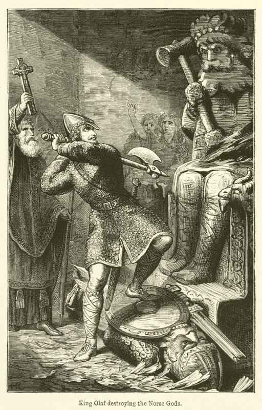 Kong Olaf ødelægger de nordiske guder (gravering) af English School