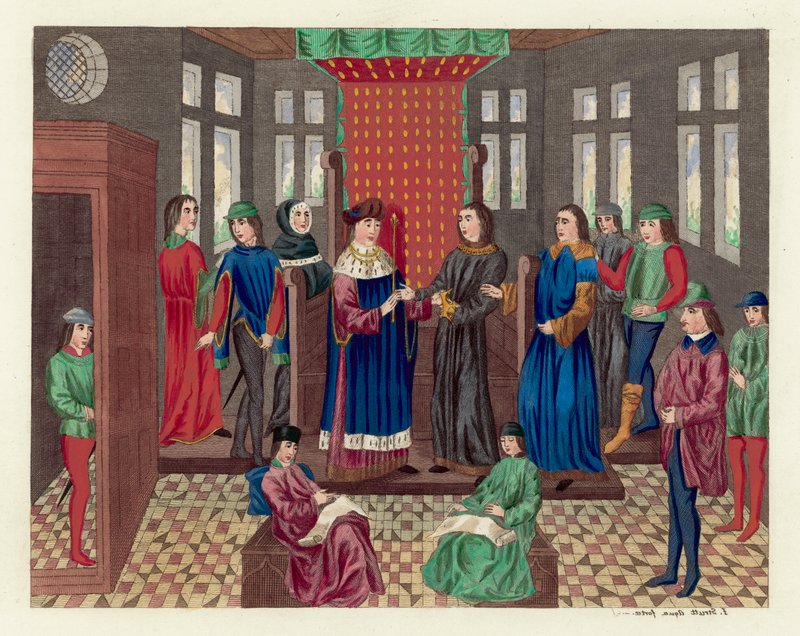 Kong Richard II fratræder sin krone og stat (farvet gravering) af English School