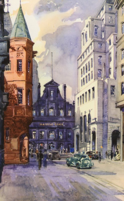 King Street, Manchester, byens finanscenter (farve litho) af English School