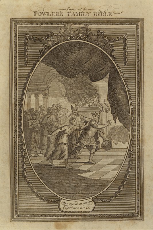 Kong Uzzias fordrevet, 2 Krønikebog, kapitel 26, vers 20 (gravering) af English School