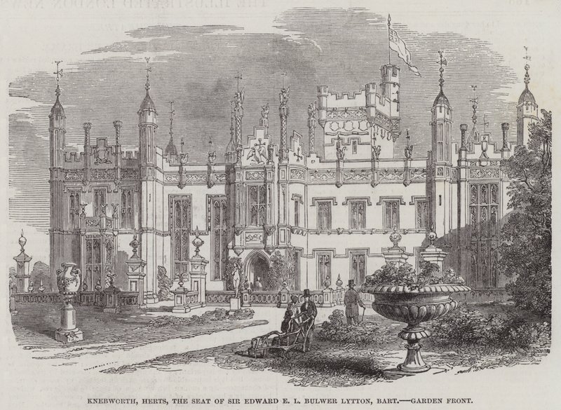Knebworth, Herts, sæde for Sir Edward E L Bulwer Lytton, Baronet, Havefront (gravering) af English School