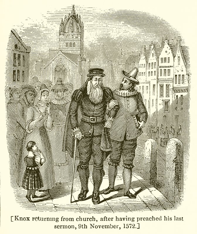 Knox vender tilbage fra kirken efter at have prædiket sin sidste prædiken, 9. november 1572 af English School