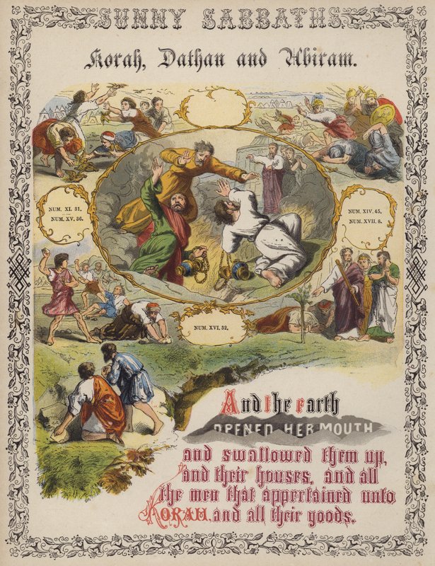 Korah, Dathan og Abiram (farvet gravering) af English School