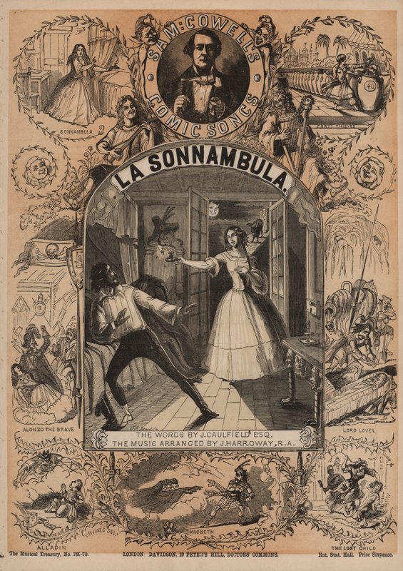 La Sonnambula, en af Sam Cowells tegneseriesange (farve litho) af English School