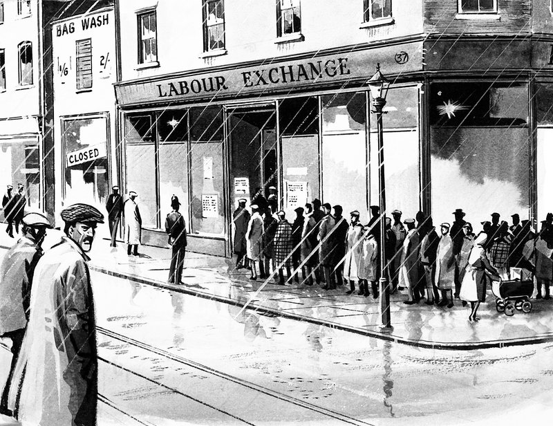 Arbejdsbørs i Storbritannien ni måneder efter Wall Street-krakket i 1929 af English School