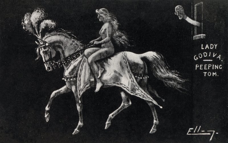 Lady Godiva rider nøgen på hesteryg gennem Coventrys gader, overvåget af en peeping Tom (litho) af English School