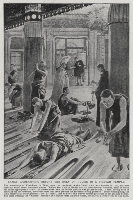 Lamaer, der tilbeder foran Det Hellige i et tibetansk tempel (litho) af English School
