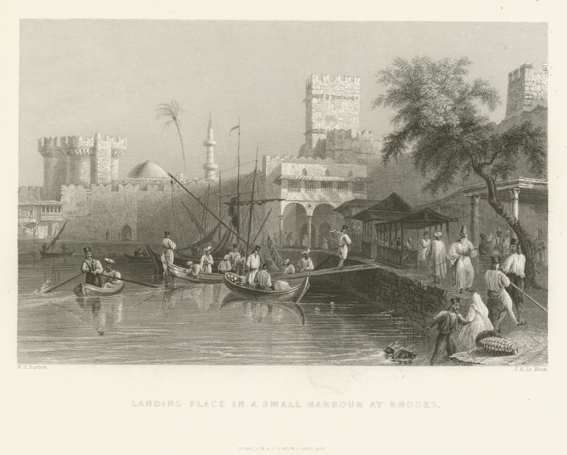 Anløbssted i en lille havn på Rhodos, 1837 af English School