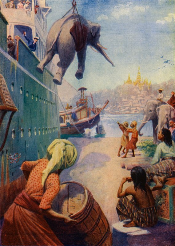 Landing af elefanter i Burma (farvelitografi) af English School