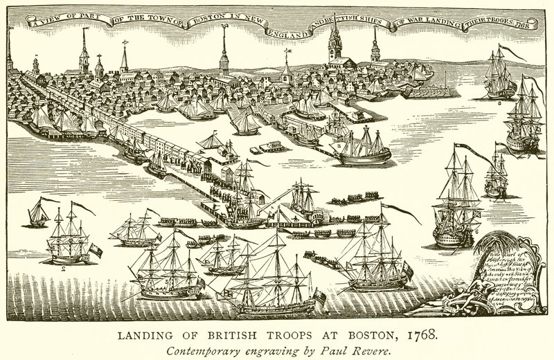 Landgang af britiske tropper i Boston, 1768 af English School