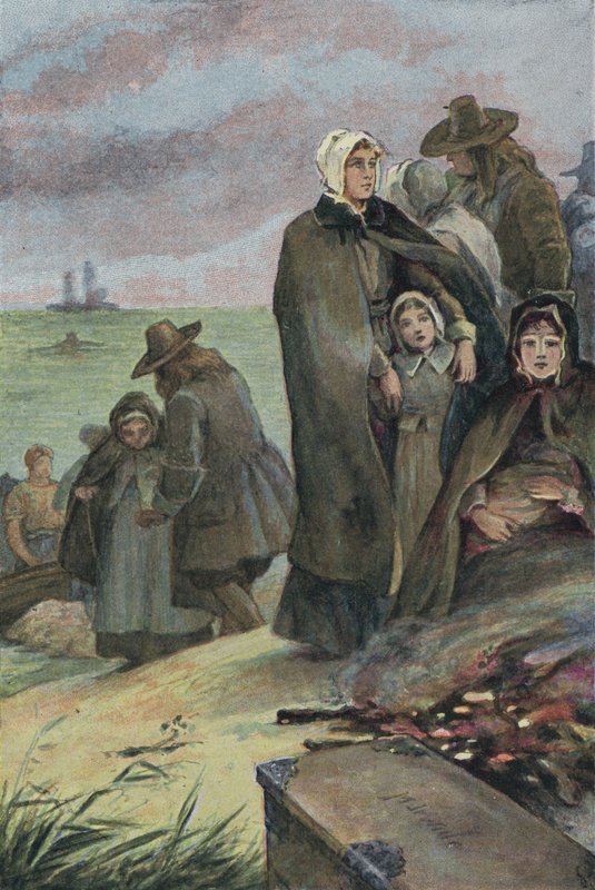 Pilgrimsfædrenes landgang i Amerika efter deres rejse om bord på Mayflower, 1620 af English School