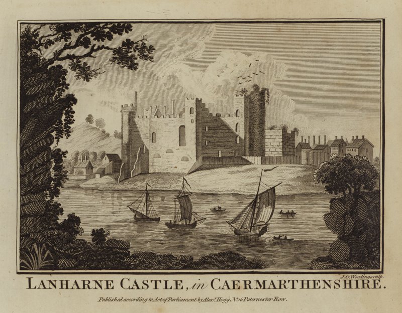 Laugharne Castle, i Carmarthenshire (gravering) af English School