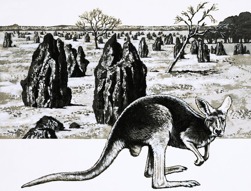 Store termithøje nær Darwin, Australien, og en kænguru i forgrunden af English School