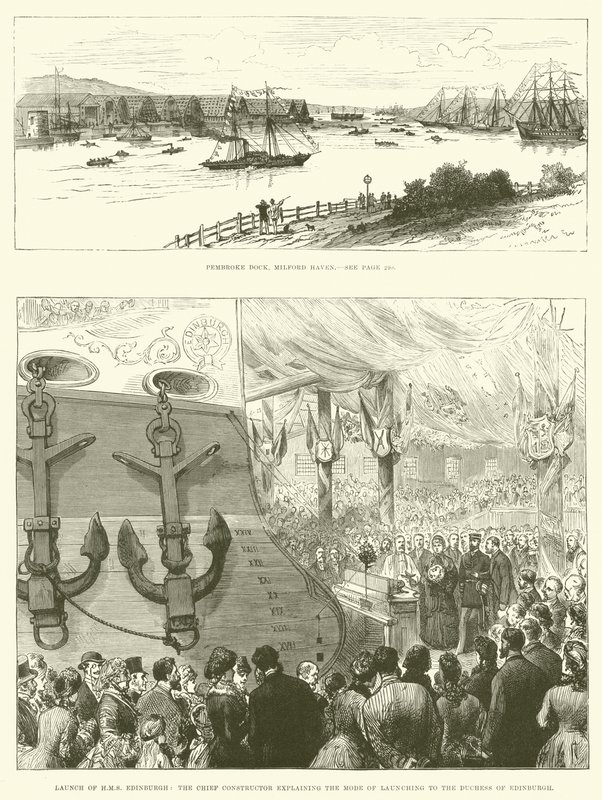 Lancering af HMS Edinburgh ved Pembroke Dock, Milford Haven (gravering) af English School