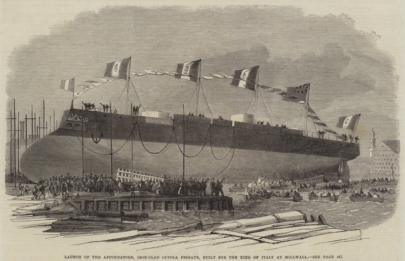 Lancering af Affondatore, jernbeklædt kupolfregat, bygget til kongen af Italien ved Millwall, 1865 af English School