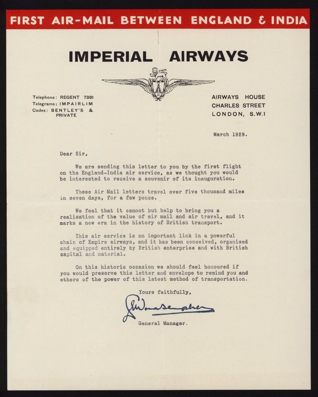 Lancering af den første luftposttjeneste mellem England og Indien af Imperial Airways i marts 1929 (litho) af English School