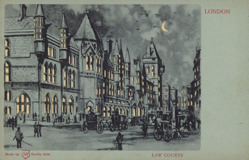 Law Courts, London (farvelitografi) af English School