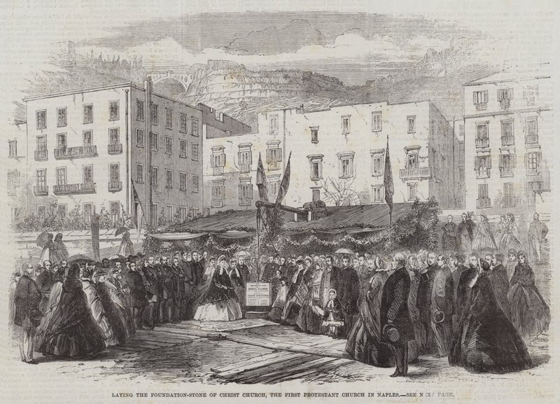 At lægge grundstenen til Christ Church, den første protestantiske kirke i Napoli (gravering) af English School