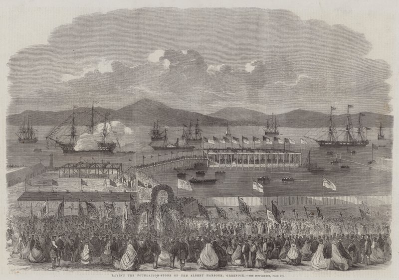 Nedlægning af grundstenen til Albert Harbour, Greenock (gravering) af English School