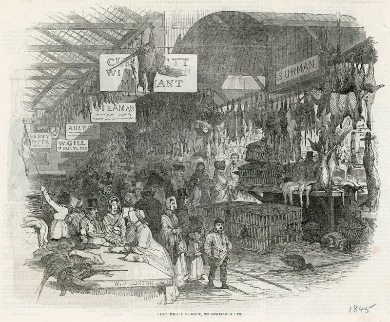 Leadenhall Market juleaften, 1845 af English School
