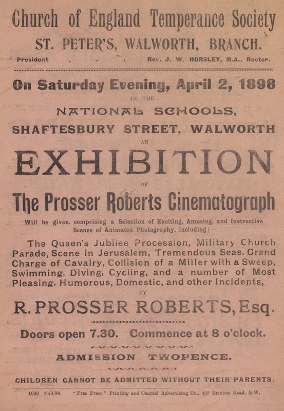 Folder, der reklamerer for en udstilling af Prosser Roberts Cinematograph af English School