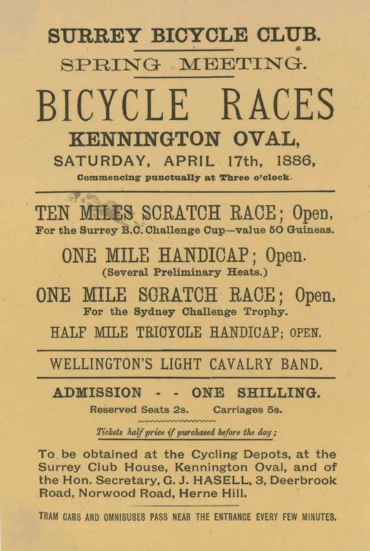 Folder, der reklamerer for cykelløb på Kennington Oval, 17. april 1886 af English School